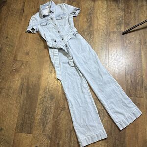 Avec Les Filles Womens Denim Jumpsuit Size 29 Belted Wide Leg Retro Hippie
